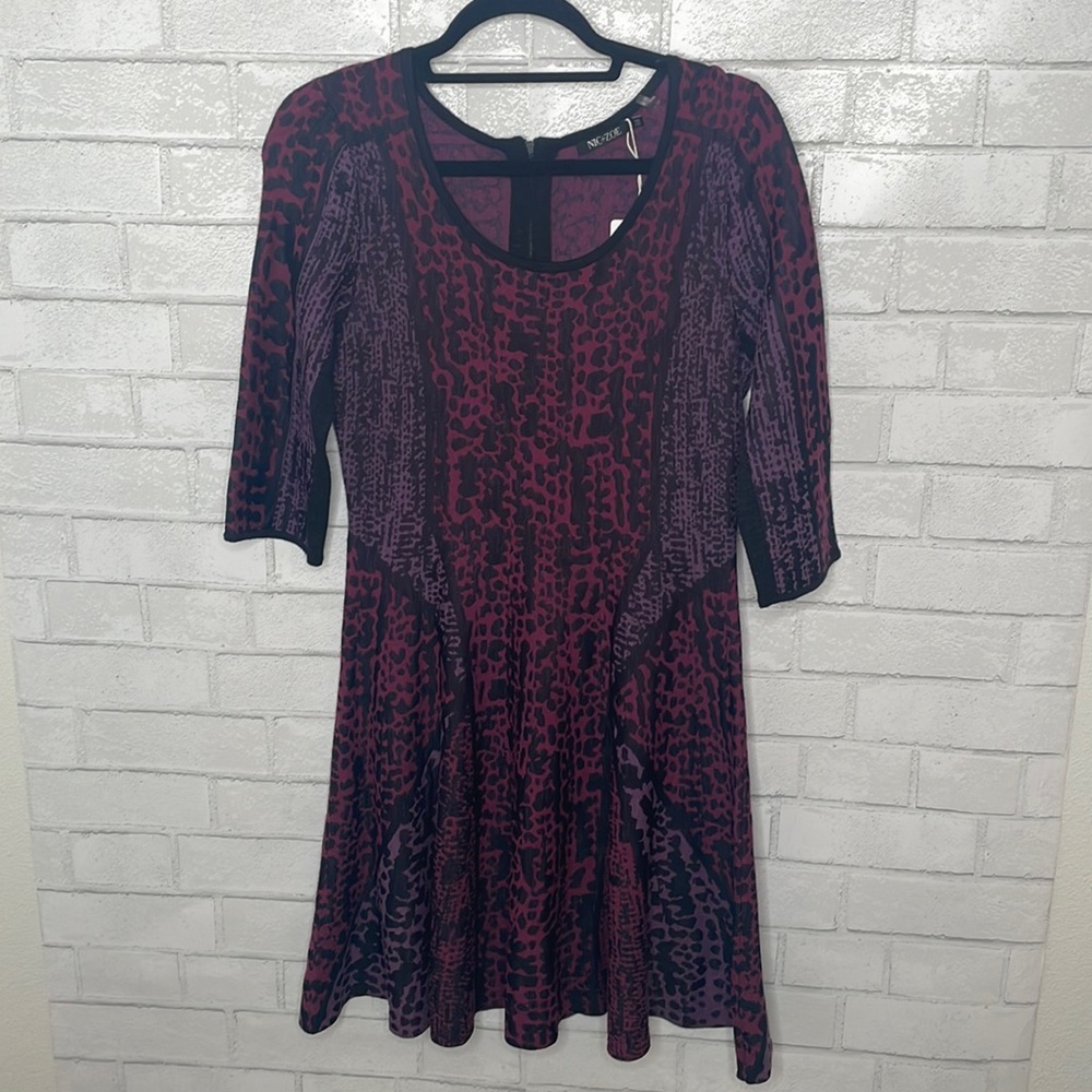 NWT NIC + ZOE Black/Purple Print A-Line Long Sleeve Dress